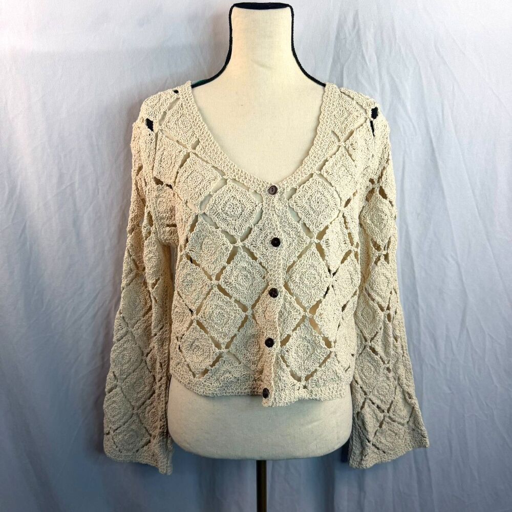 Bobéau Crochet Open Knit Cream Stitch Fix Boho Cottagecore Cardigan Size S
